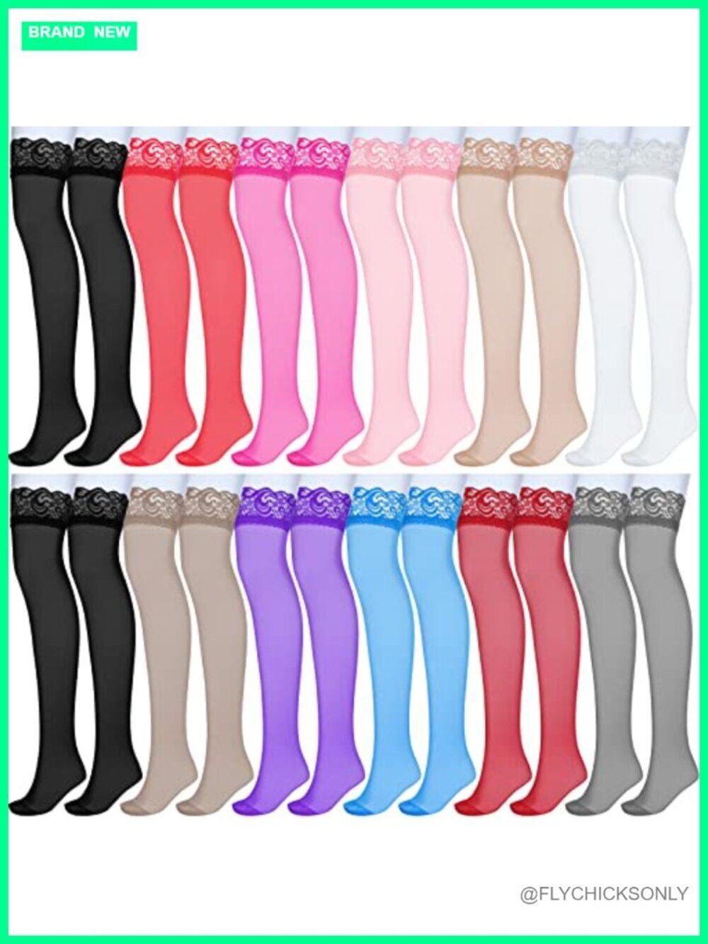 12 Pairs Thigh High Stockings Lace Top Semi Sheer Non-Slip Silicone